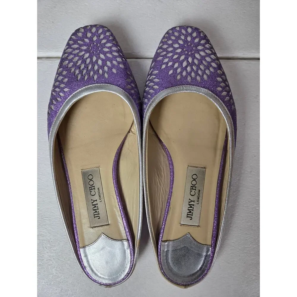 Jimmy Choo Slip On Backless Flats Silver Sparkle Designer 37 1/2 Floral Metalic - Picture 1 of 13